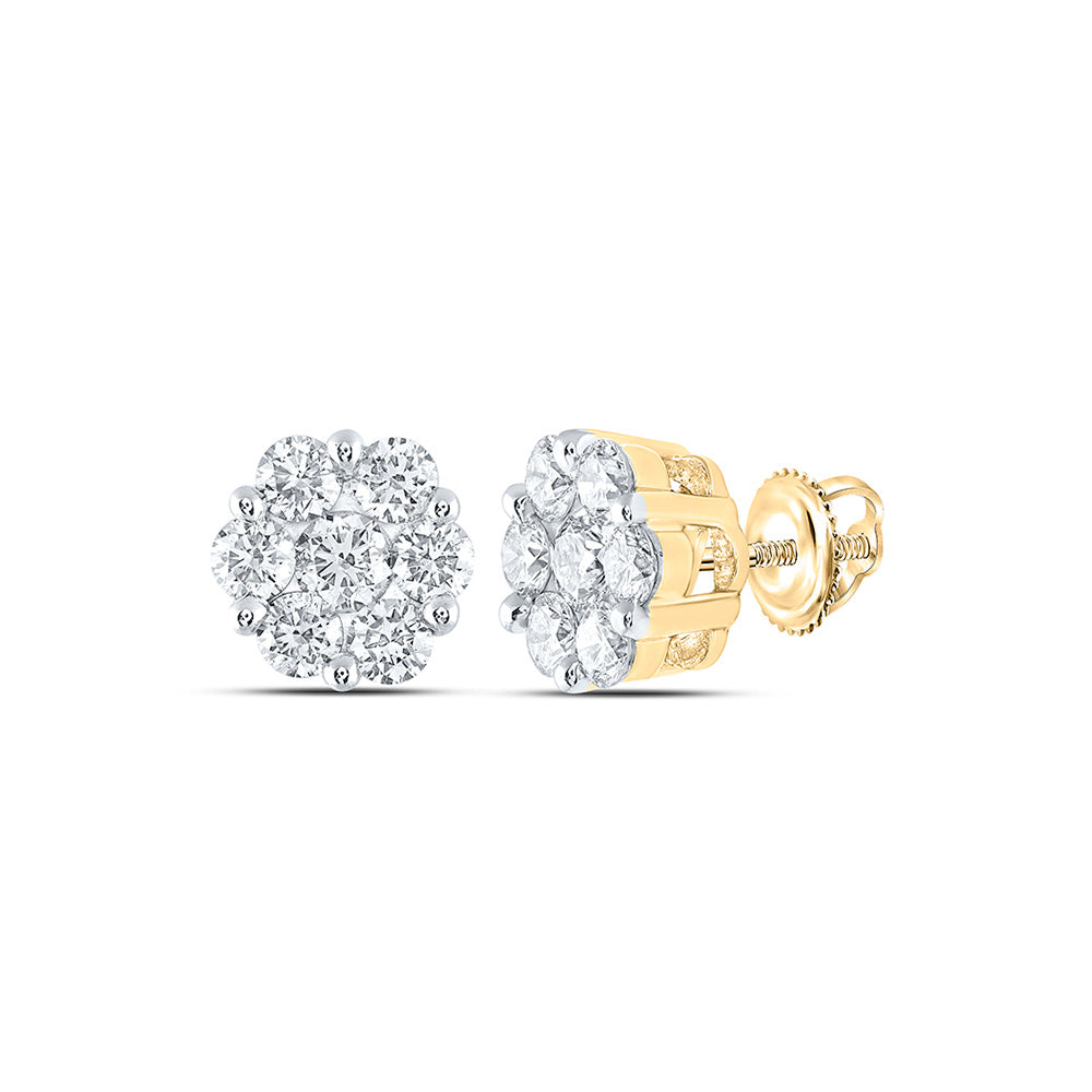 14kt Yellow Gold Womens Round Diamond Flower Cluster Earrings 3 Cttw