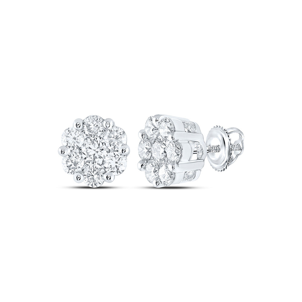 14kt White Gold Womens Round Diamond Flower Cluster Earrings 4 Cttw