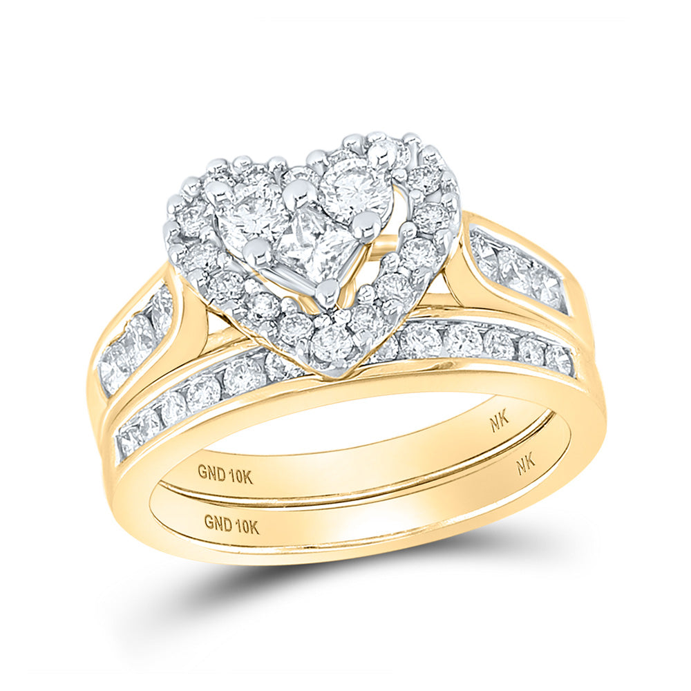 10kt Yellow Gold Princess Diamond Heart Bridal Wedding Ring Band Set 1 Cttw