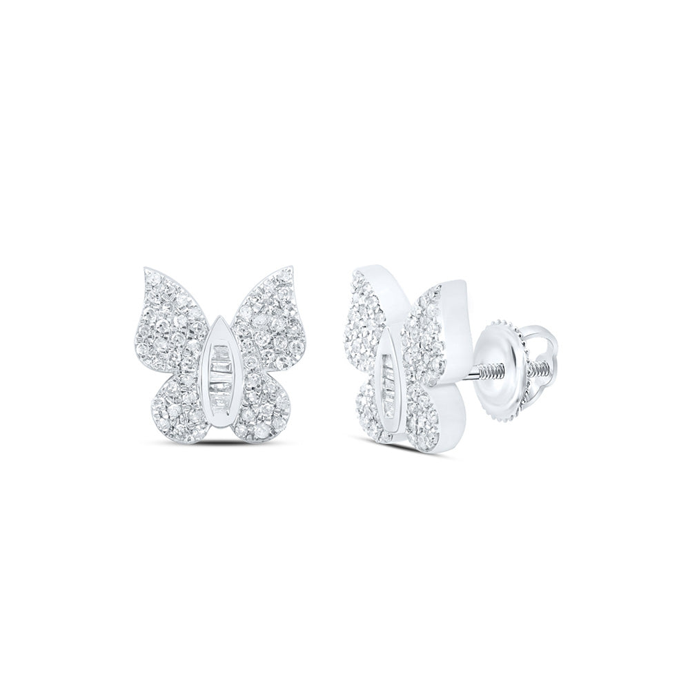 10kt White Gold Womens Round Diamond Butterfly Earrings 3/8 Cttw