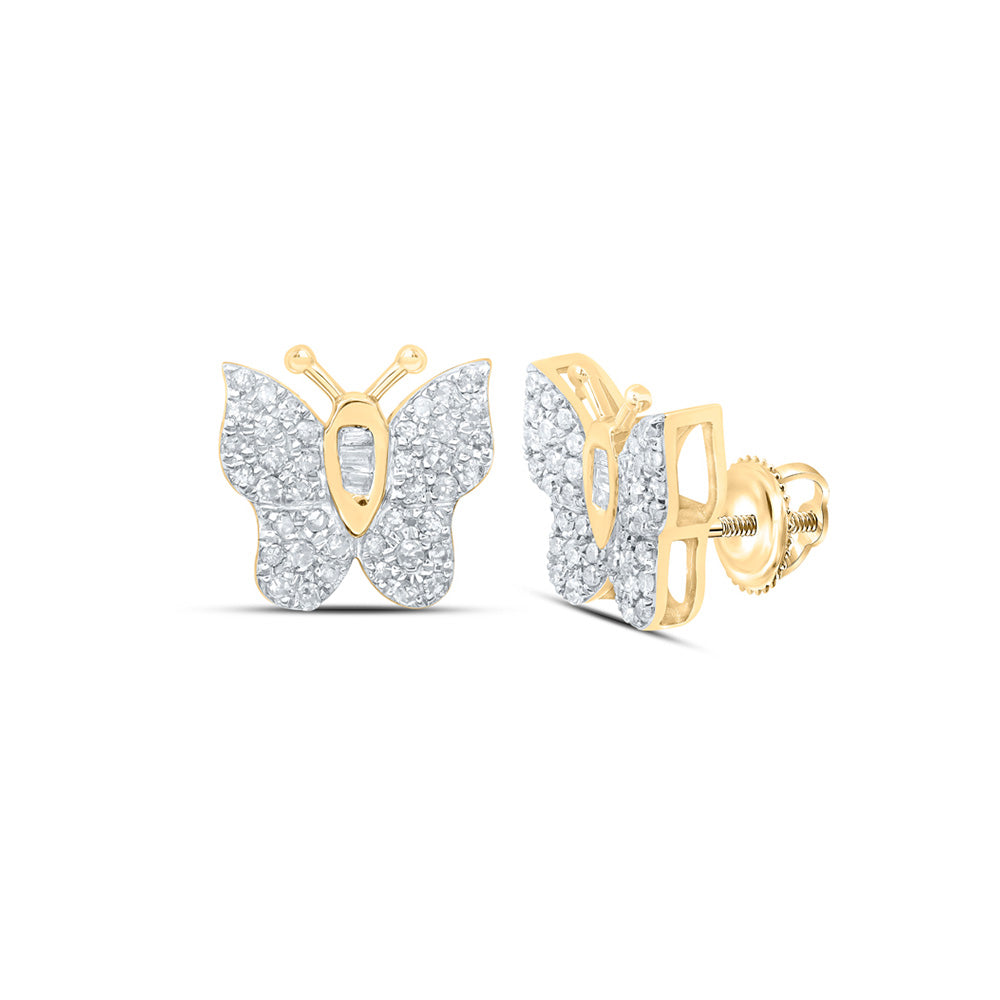 10kt Yellow Gold Womens Baguette Diamond Butterfly Earrings 1/4 Cttw