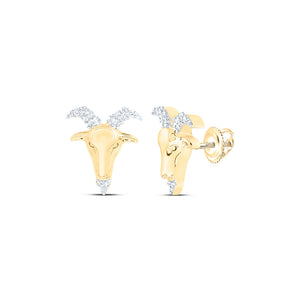 10kt Yellow Gold Mens Round Diamond Zodiac Aries Goat Stud Earrings 1/10 Cttw