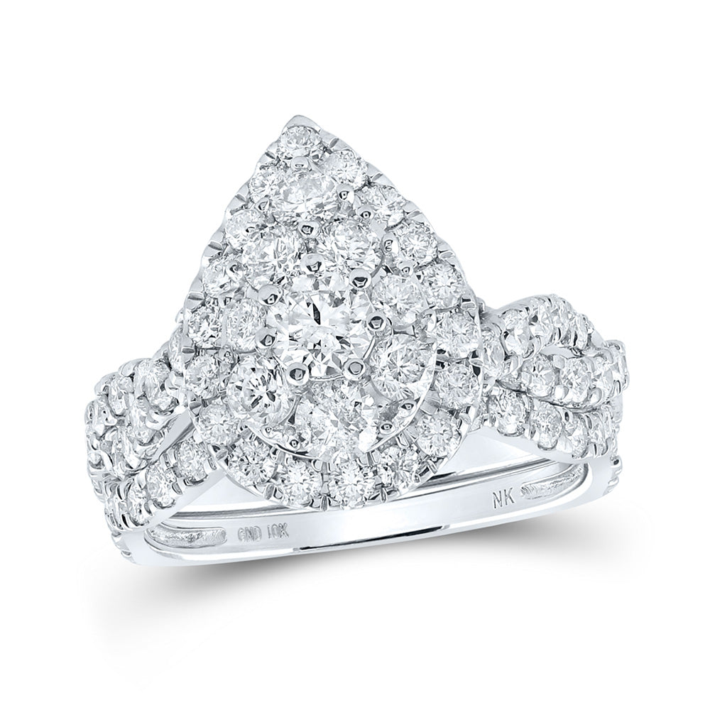 10kt White Gold Round Diamond Teardrop Bridal Wedding Ring Band Set 2 Cttw
