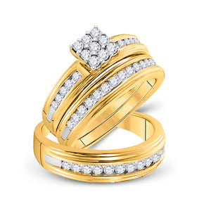 14kt Yellow Gold His Hers Princess Diamond Cluster Matching Wedding Set 1 Cttw