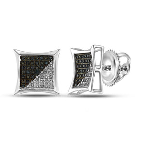 Sterling Silver Mens Round Blue Color Enhanced Diamond Square Earrings 1/6 Cttw