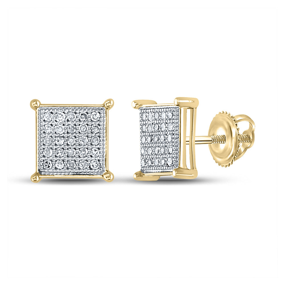 Yellow-tone Sterling Silver Mens Round Diamond Square Earrings 1/6 Cttw