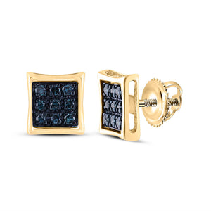 10kt Yellow Gold Womens Round Blue Color Enhanced Diamond Square Earrings 1/20 Cttw