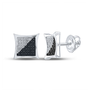 Sterling Silver Mens Round Black Color Enhanced Diamond Square Earrings 1/6 Cttw