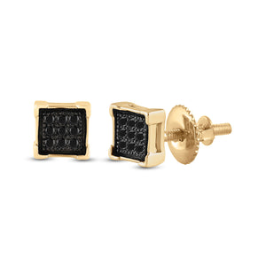 Yellow-tone Sterling Silver Mens Round Black Color Enhanced Diamond Square Earrings 1/20 Cttw