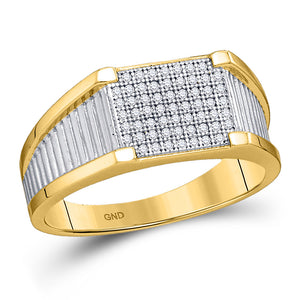 10kt Yellow Gold Mens Round Diamond Ribbed Square Cluster Ring 1/5 Cttw