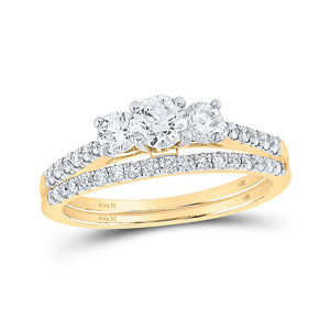 14kt Yellow Gold Round Diamond 3-Stone Bridal Wedding Ring Band Set 1 Cttw