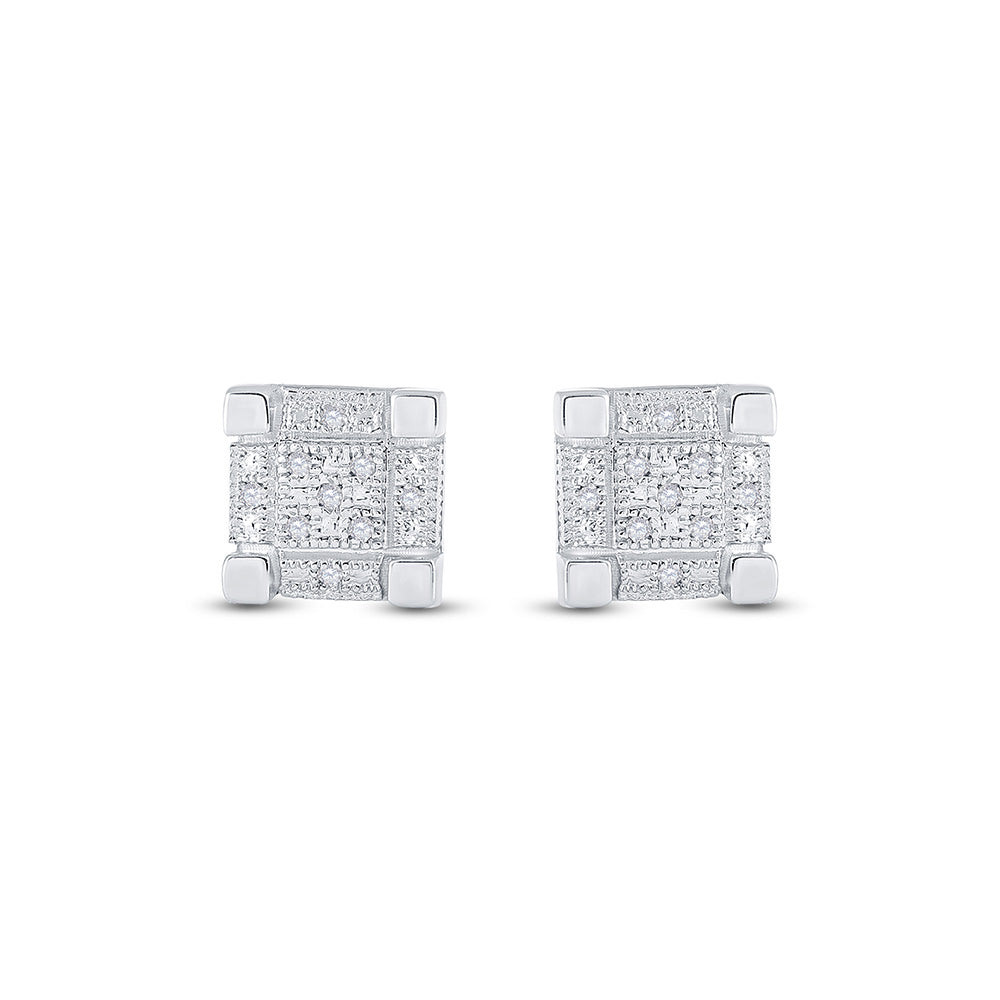 Sterling Silver Mens Round Diamond 3D Cube Square Earrings 1/20 Cttw