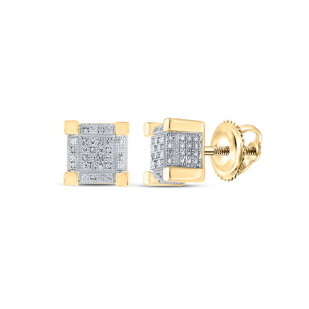 Yellow-tone Sterling Silver Mens Round Diamond 3D Cube Square Earrings 1/10 Cttw