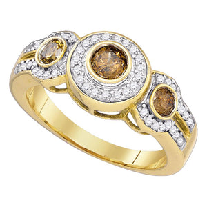 10kt Yellow Gold Round Brown Diamond 3-stone Bridal Wedding Engagement Ring 3/4 Cttw