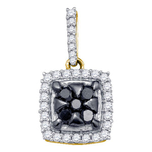 10kt Yellow Gold Womens Round Black Color Enhanced Diamond Square Cluster Pendant 1/2 Cttw