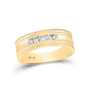 10kt Yellow Gold Mens Round Diamond Wedding 5-Stone Hammered Band Ring 1/4 Cttw