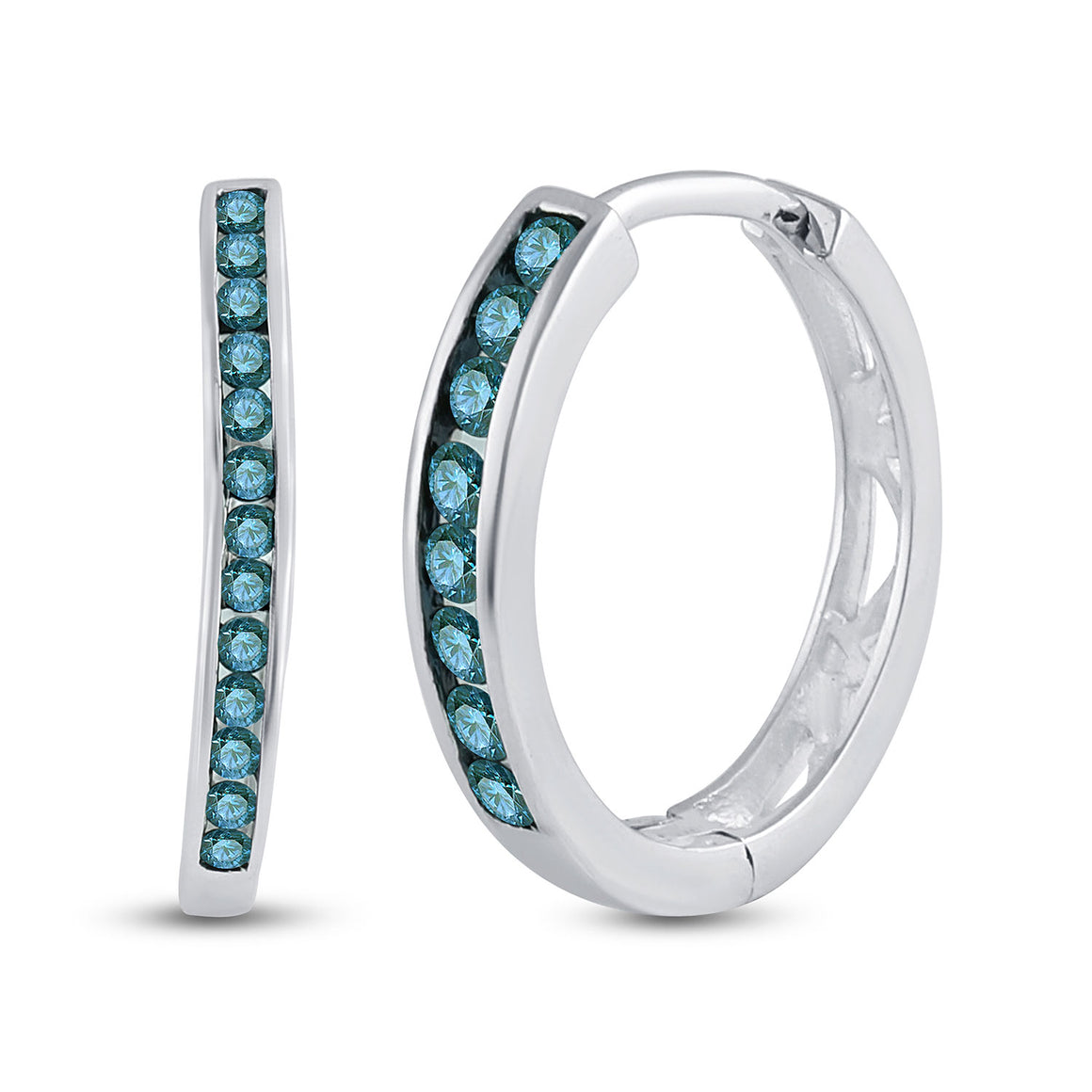 10kt White Gold Womens Round Blue Color Enhanced Diamond Hoop Earrings 1/4 Cttw