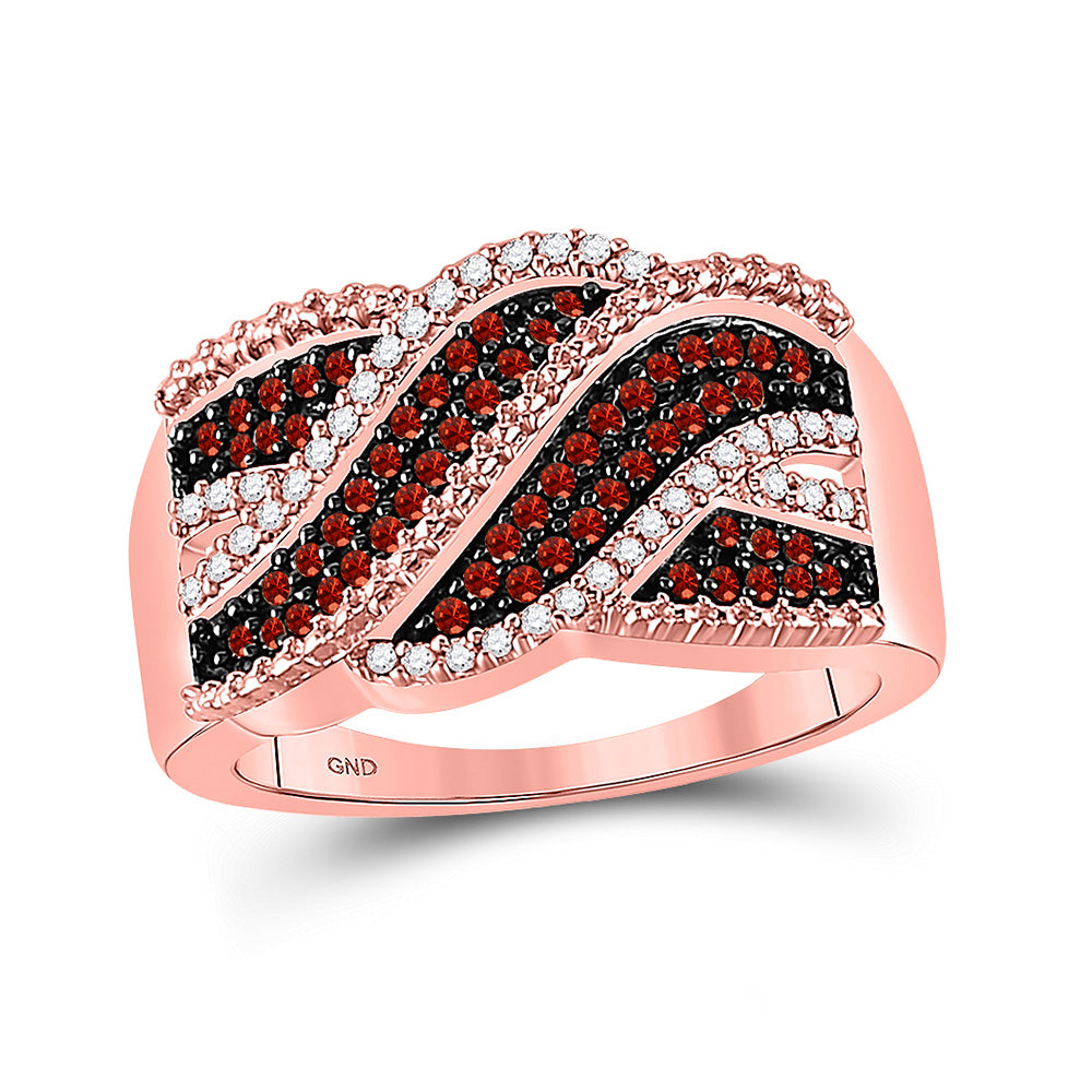 10kt Rose Gold Womens Round Red Color Enhanced Diamond Crossover Band Ring 1/3 Cttw