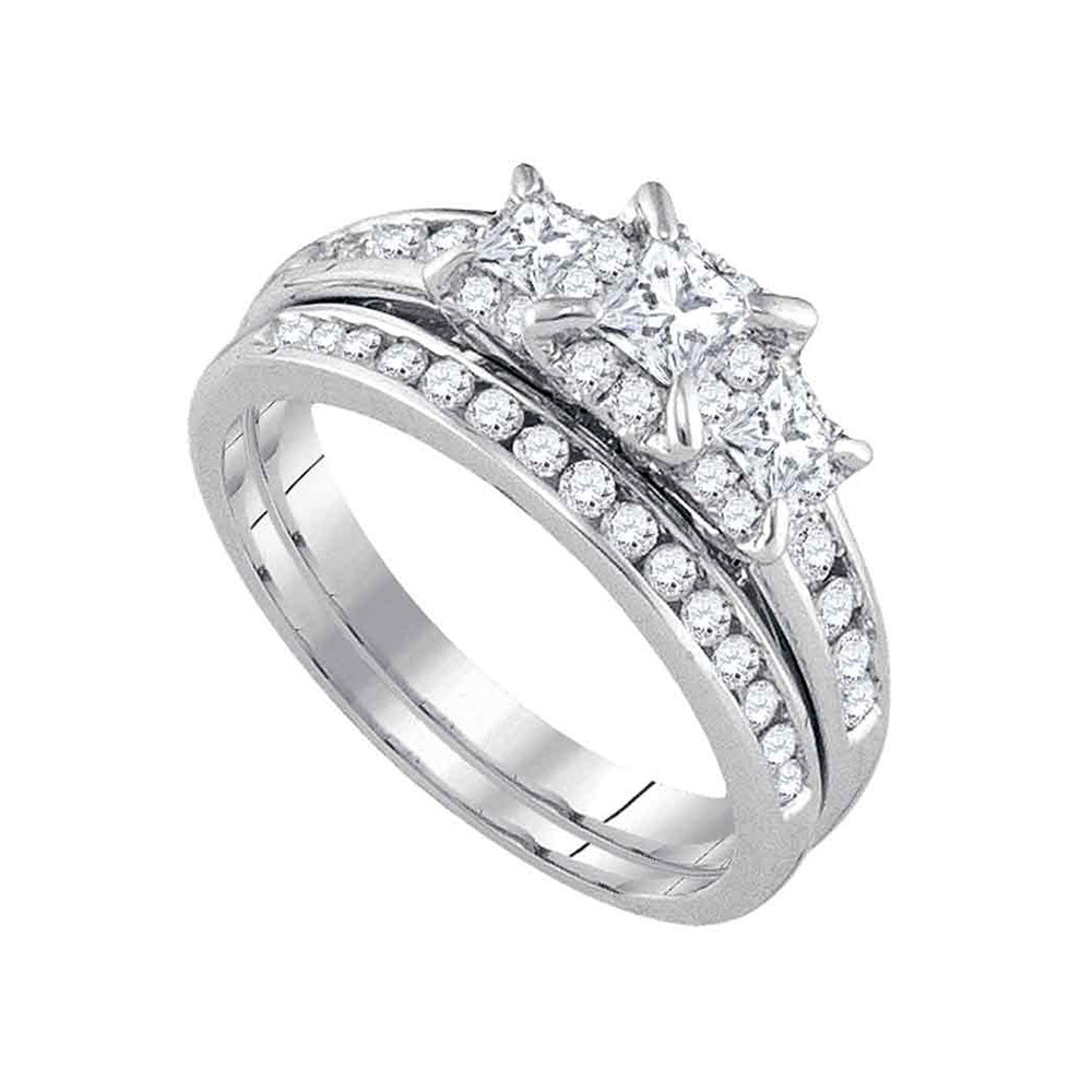 14kt White Gold Princess Diamond 3-Stone Bridal Wedding Ring Band Set 1 Cttw