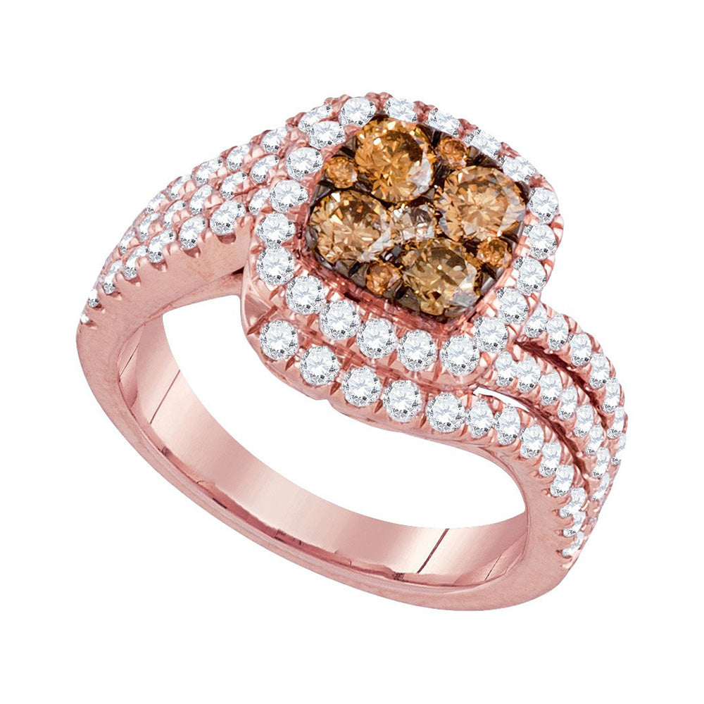 14kt Rose Gold Round Brown Diamond Cluster Bridal Wedding Engagement Ring 2 Cttw