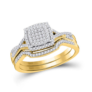 10kt Yellow Gold Round Diamond Square Bridal Wedding Ring Band Set 1/3 Cttw